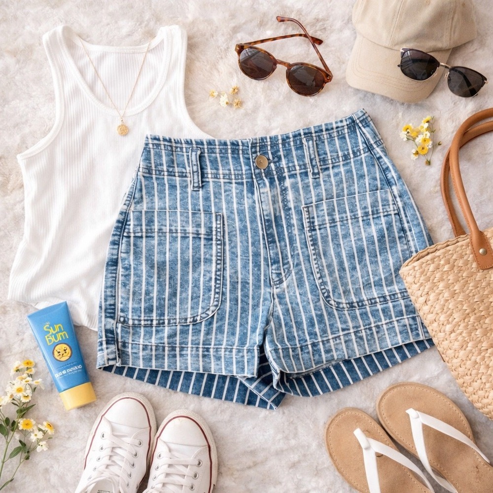American Eagle Denim Shorts Blue Striped High Waisted Patch Pocket Size 2